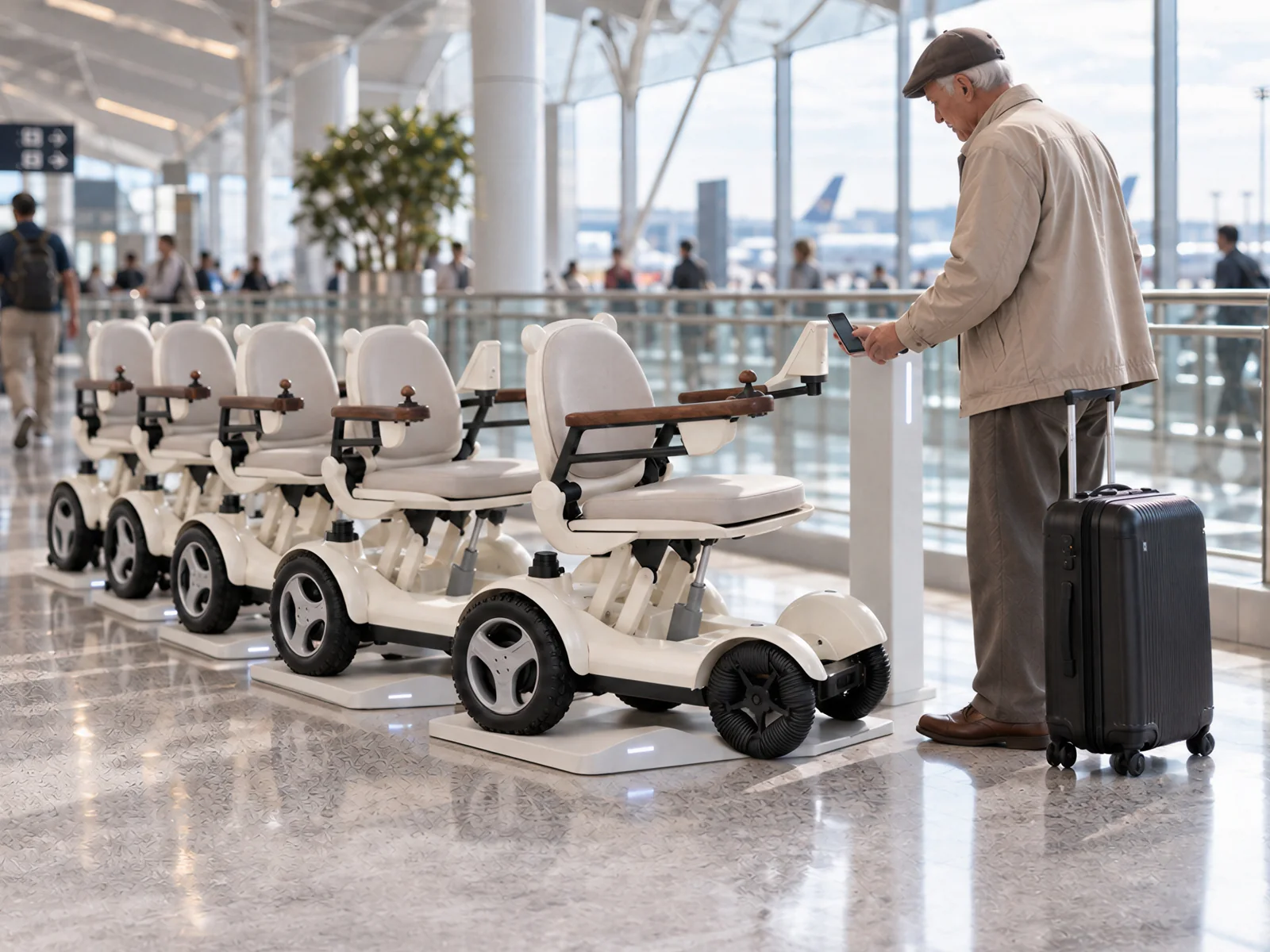 A row of CIHANG chairs on charging docks in an airport concourse, a traveller unlocking one with his phone