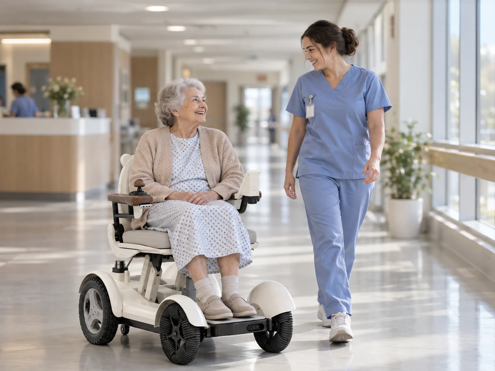 CIHANG driving itself down a hospital corridor with an elderly patient, a nurse walking alongside