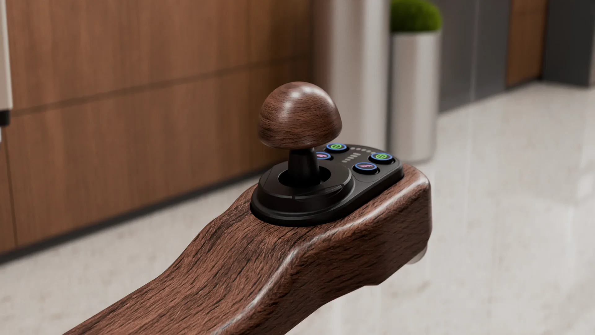 Close-up of the solid walnut joystick on the right armrest, three buttons beside the knob