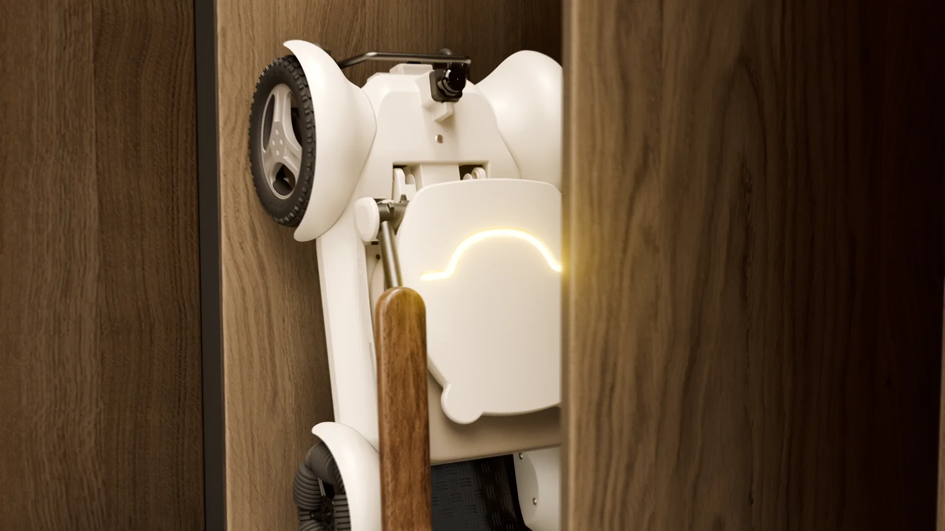 Close-up of CIHANG folded and standing inside a walnut wardrobe, backrest light on